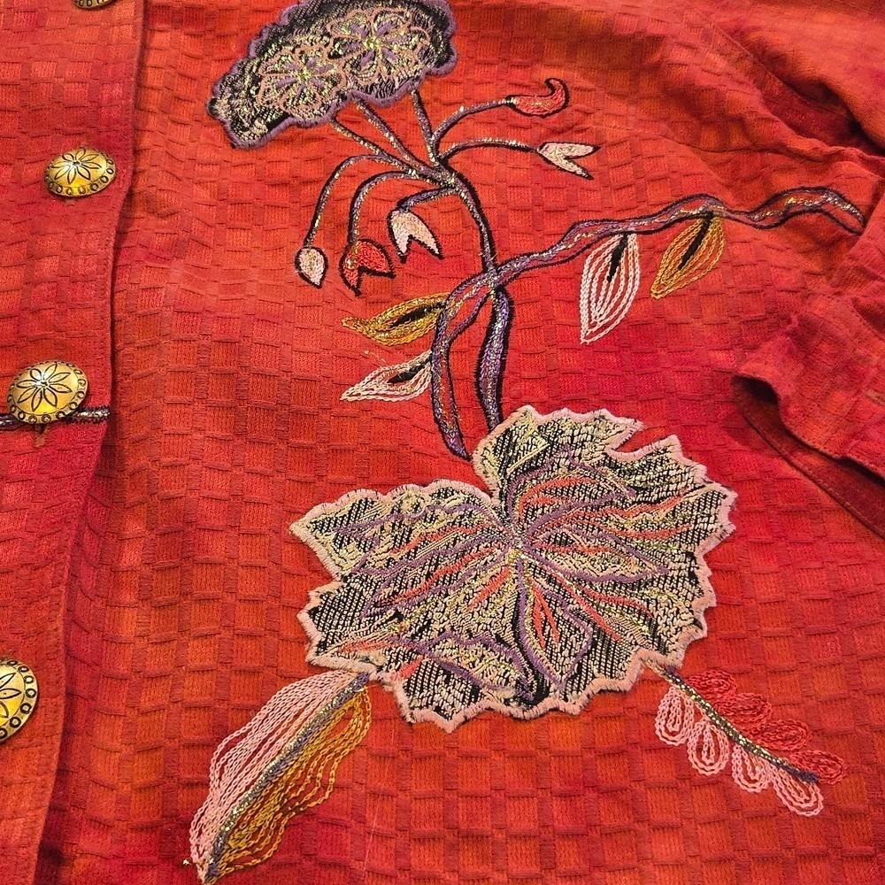 Draper's & Damon's Jacket Women 1X Orange Floral Embroidered Button Front Cotton - Picture 6 of 9